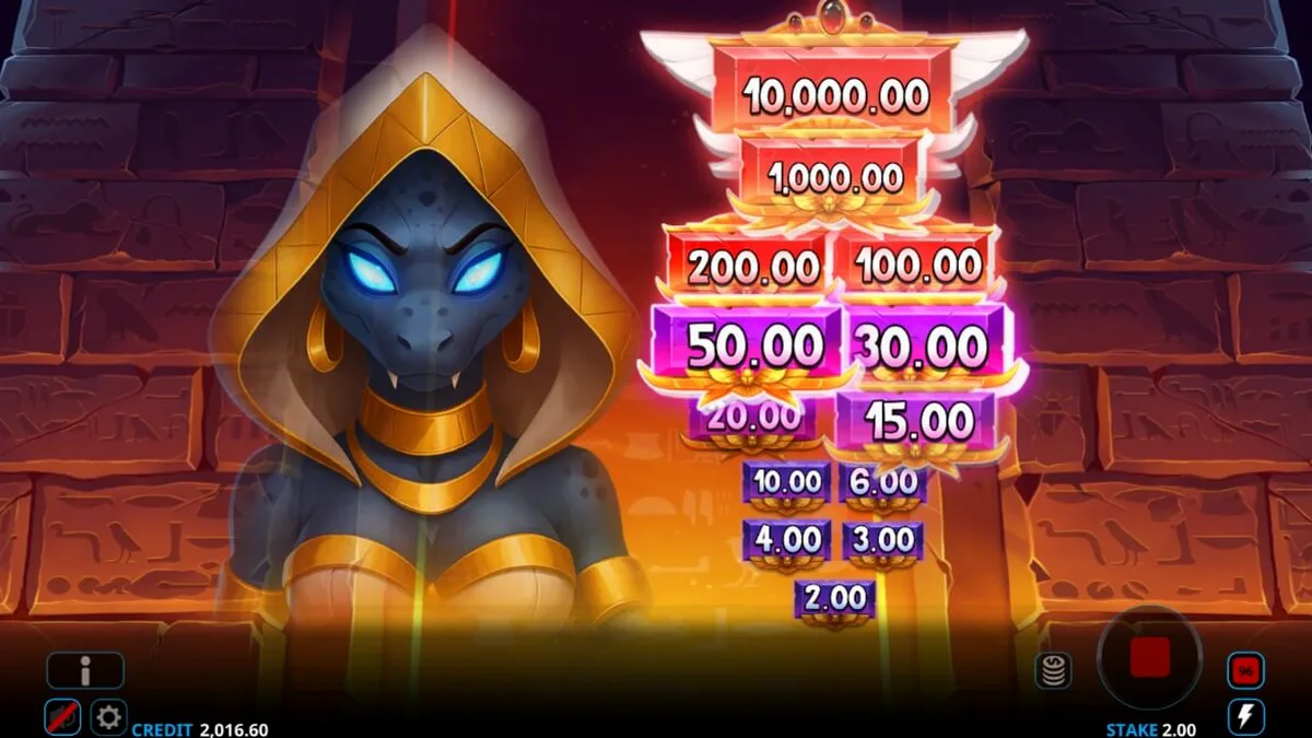 Interface visual do jogo Ammit Hellfire com a deusa Ammit ao lado dos rolos