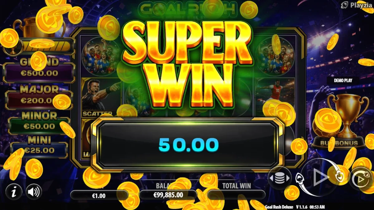 Tela do jogo Goal Rush Deluxe Hold and Win com elementos de futebol